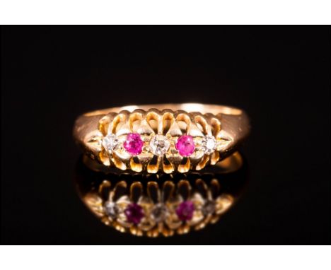 Edwardian 18ct Gold Set Ruby and Diamond 5 Stone Ring. Hallmark London 1910. Good Colour Diamond and Ruby. 