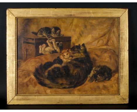 Late 19th Century Oil on Panel of a Mother Cat Washing Her Kitten with other Kittens at Play on top of a Trunk In a Bedroom S