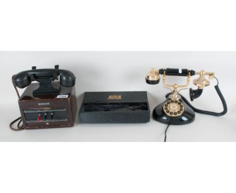 Three Telephones Comprising One Vintage Dictograph, One Brass & One Plastic Phone, with touch button, round dial & one boxed 