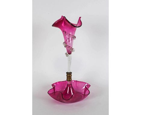 Victorian Cranberry Glass Single Stem Epergne. The Trumpet Forms Having Applied Clear Glass Detail, Surrounding The Cranberry