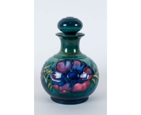 Moorcroft 'Anemone' Pattern Perfume Flask and Stopper, burgundy, royal blue and cream anemones on a shaded veridian ground, w