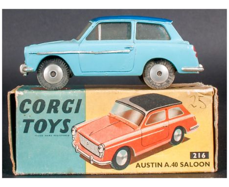 Corgi Toys No 216 Austin A.40 Saloon, Light Blue Body, Dark Blue Roof, Complete With Blue/Yellow Picture Card Box, 