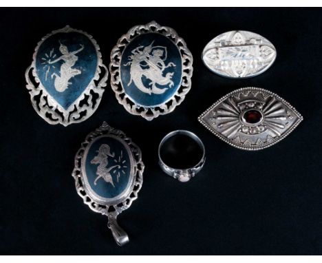 A Small Collection of English and Indian Silver Jewellery - Brooches and Ring. All Marked Sterling Silver. 