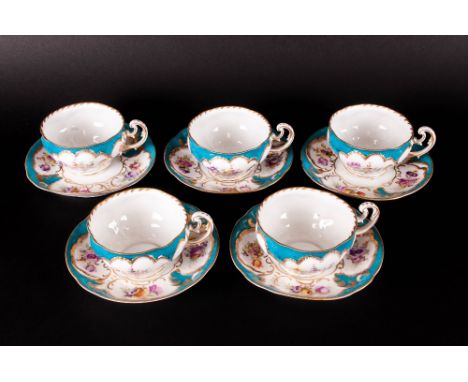 Set of 5 Dresden Cabinet Cups and Saucers, Decorated with a Pale Coloured Body with Floral Vinaigrettes Picked out In Gilt wo