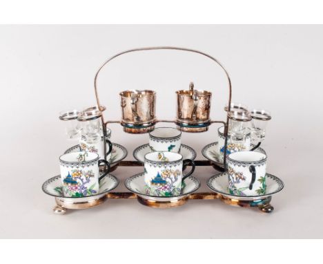 Royal Doulton Chinoiserie Coffee Set and Tot Glasses In Original Silver Plated Stand; six porcelain coffee cups and saucers, 