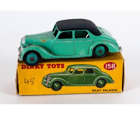 Dinky Toys No 158 Riley Saloon Diecast Model. Light Green Body, Black Roof, Green Hubs. Red And Yellow Picture Card Box. Inco