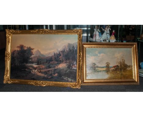 Oil on Canvas of a River Landscape with a Cottage on the Banks. Signed J. Wesley - 98. In Gilt Frame. 30 x 22 Inches + One Ot