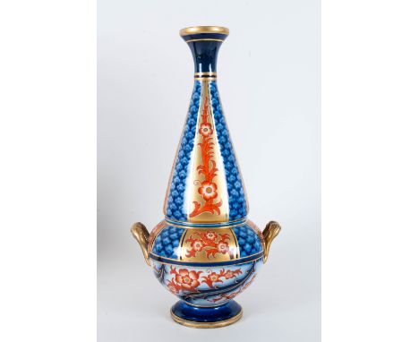 James Macintyre Aurelian Ware Rare Shaped Two Handled Tapered Vase. c.1897 with Transfer Printed Pattern Enriched with  Red E