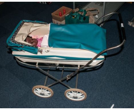 Childs Victree Blue & Cream Leatherette Pram With Black Chiltern Doll