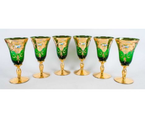 Murano - 1970's Venetian Fine Hand Finished Set of Six Decorative Enamel on Glass Wine Glasses. Gold Gilding on Green Ground,