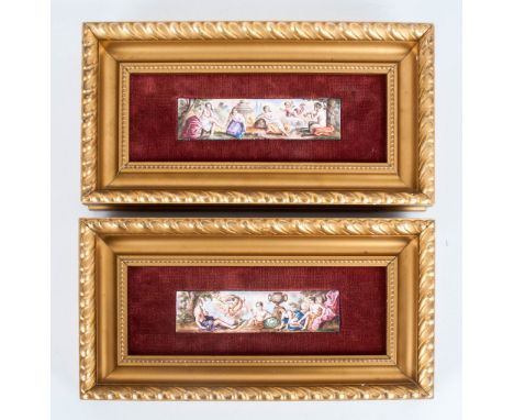 Pair of 19th Century French Enamel Plaques on Copper, Depicting Classical Subjects After The Antique Maidens and Putti. Size 