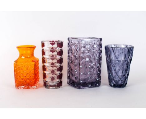 Four Art Glass Vases In The Style of White Friars, Two Mauve Coloured Moulded Vases, Orange Square Vase, Ruby Flashed Faceted