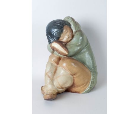 Lladro - Early 1970's Gres Figure ' Eskimo Boy ' Sleeping Model Num.2007. Issued 1970, Designer Juan Huerto, Height 10.25 Inc