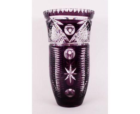 Bohemian Ruby Red Flashed and Cut Glass Vase. 20th Century. Stands 12.5 Inches High. Excellent Condition. 