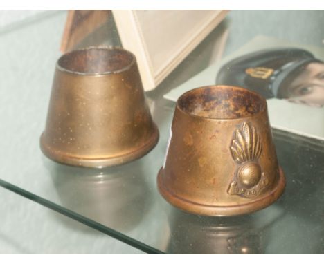 Pair Of Brass Trench Military Cast Brass Shell Case Match Stick Holders, military crest to front. UbiQue. 3'' in height.