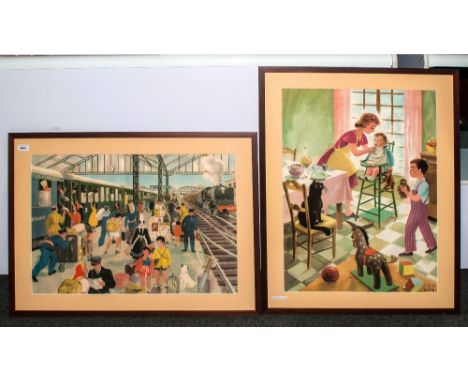 Two Large French Coloured Prints. One Depicting a Child being Fed In a High Chair, Signed Poiriz No.112 Size 26 x 35 Inches, 