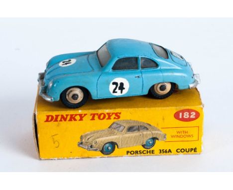 Dinky Toys No 182 Porsche 356A Coupé Diecast Model. Light Blue With Cream Hubs. Red And Yellow Picture Card Box With Correct 