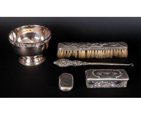 A Collection of Antique Silver Items ( 5 ) In Total. 1/ Silver Vesta Case, Hallmark Birmingham 1891. 2/ Silver Button Hook. 3