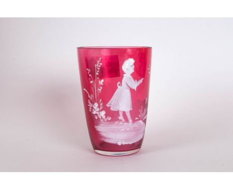 Antique Ruby Glass Tumbler Decorated with a Young Girl. J.R. Engraved to the Side. 4 Inches High. 