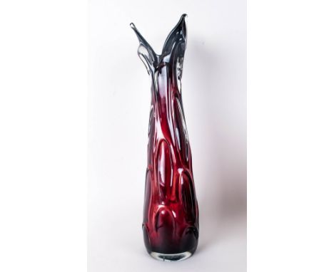 Large Murano Ruby Coloured Blown Glass Vase with a Tri Pointed Top. 18 Inches High. 