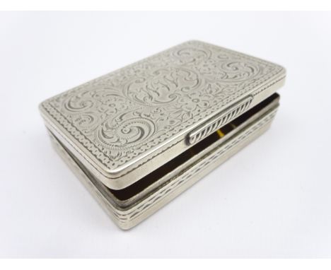 Victorian silver snuff box with engraved decoration and cartouche, gilded interior 7cm x 4.5cm Sheffield 1893 Maker Martin Ha