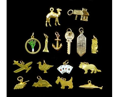Fourteen 9ct gold charms, stamped, tested or hallmarked and a 14ct playing card charm stamped 585 Condition Report & Further 
