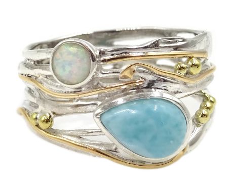 Silver with 14ct gold wire opal and larimar ring, stamped 925 Condition Report & Further Details Size R - depth = 8mmClick he