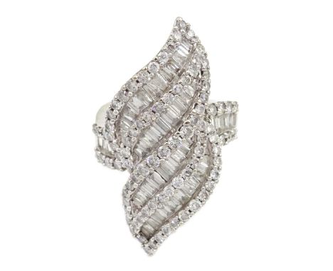 White gold baguette and round brilliant cut diamond 'Flame' ring, diamonds 2.5 carat, stamped 14K, retailed by Zales, boxed w