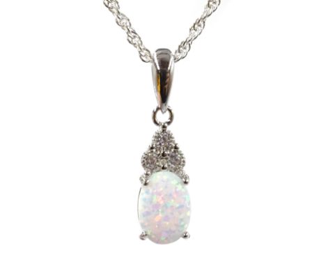 Silver opal and cubic zirconia pendant necklace, stamped 925 Condition Report & Further Details Click here for further images