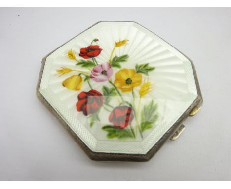 Silver and floral enamel compact of octagonal design Birmingham 1958 Condition Report & Further Details Click here for furthe