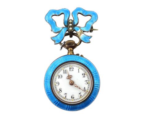 Swiss early 20th century blue guilloche enamel ladies pocket watch, the reverse decorated with flower motif with bow brooch s