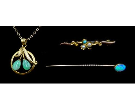 Gold jade flower pendant, stamped 14K on necklace, stamped 9ct, opal stick pin, stamped 15ct and turquoise and seed pearl gol