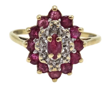 9ct gold ruby and diamond cluster ring, hallmarked Condition Report & Further Details Approx 2.6gm, size QClick here for furt