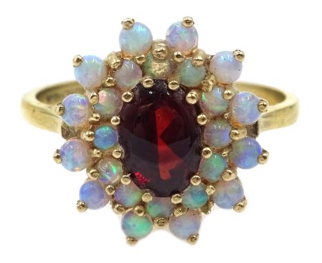 9ct gold opal and garnet cluster ring, hallmarked Condition Report & Further Details Approx 3gm, size N-OClick here for furth