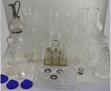 A quantity of lead crystal and cut glass to include a nickel silver mounted cruet set, an Edwardian silver plated and etched 