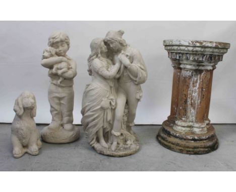 A Victorian ceramic cluster column stand with dentil cornice, height 67cm and three late 20th century garden statues, one of 