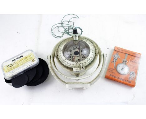 A gimbal mounted maritime compass marked 'AFT' by Henry Browne &amp; Sons Ltd of Barking in London, a mechanical pedometer an