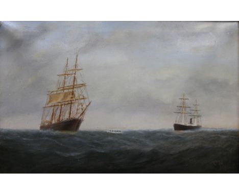 UNATTRIBUTED; an early 20th century oil on canvas depicting the rescue of the crew of the Annie Kimball by the SS Ambrose, Ja