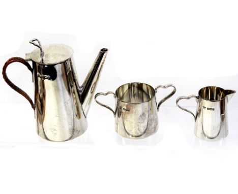 A George V hallmarked silver Art Deco bachelors coffee service comprising coffee pot, height approx 11cm, twin handle sucrier