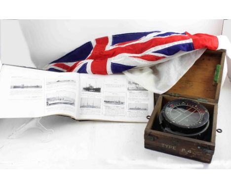 A ship's gimbal mounted compass, type P10, numbered 45602, diameter 18cm, presented in original pine box, a Merchant Navy red