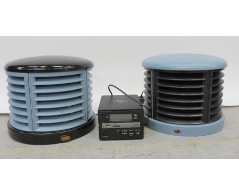 A pair of early/mid-20th century vented speakers with Duronic digital bluetooth player, height of each approx 26.5cm and USB 