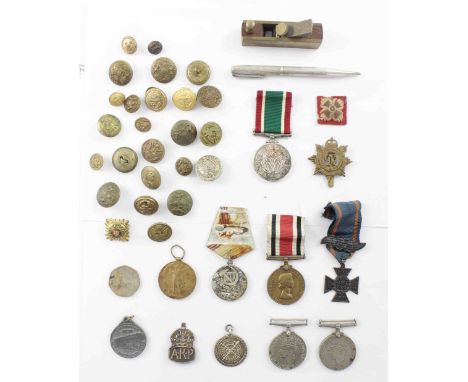 A collection of military buttons and medals to include  WWI Victory Medal awarded to 24085 Acting Corporal WV James D of the 