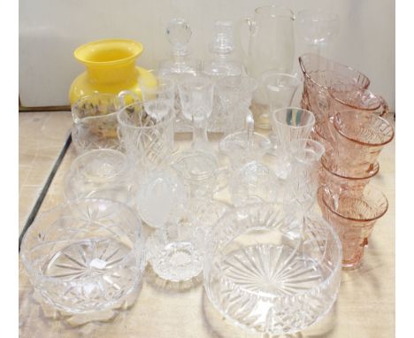 An Italian-style orange glass baluster vase, a pink mid/late 20th century lemonade set comprising jug and five cups and other
