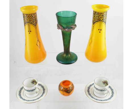 A Palme Koenig iridescent glass trumpet vase with applied decoration, height 19cm (af), other Edwardian and later tangerine g