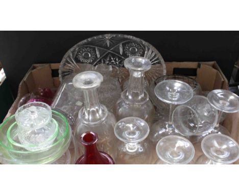 A collection of lead crystal and cut glass to include Georgian decanters, a later lead crystal double-spouted decanter, cranb