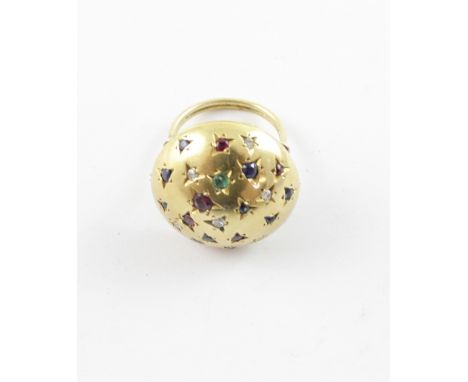 A mid/late 20th century Kutchinsky 18ct gold multi-stone domed gem-set dress ring, set with emerald, sapphire, diamond and ru