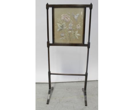 A 19th century spindle fire screen with embroidered Chinese silk panel depicting butterflies and peony, height 91.5cm.