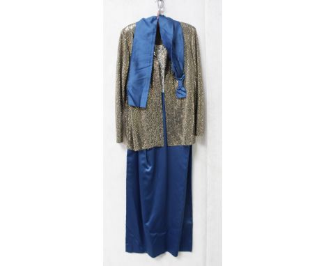 A mid/late 20th century shimmer outfit comprising sash, sequinned jacket and a gold and silver thread satin dress.