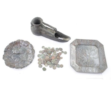 A collection of mixed metalware to include a box of ancient coins, possibly from a hobby detectorist, a wrought iron slipper 