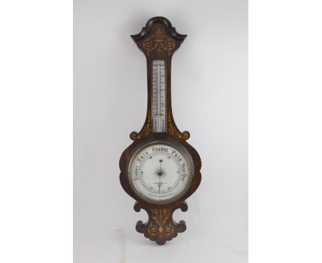 An Edward VII walnut marquetry banjo barometer/thermometer, height 81cm.